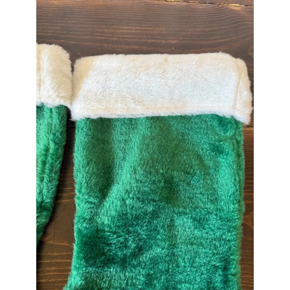 VTG Santa's Best Green Plush Faux Fur Christmas Stockings Set of 2 White Cuff